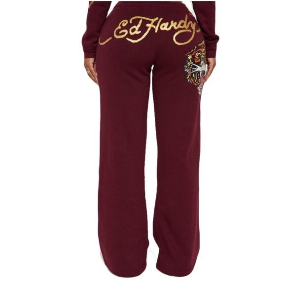 NWOT ED HARDY Sweatpants Women M Tiger Graphic Tattoo Logo Wide Leg Burgundy